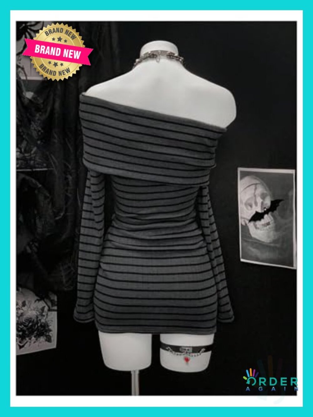 Off Shoulder Striped Fold Over Mini Dress Rib Knit Slim Fit Y2K - Picture 2 of 4